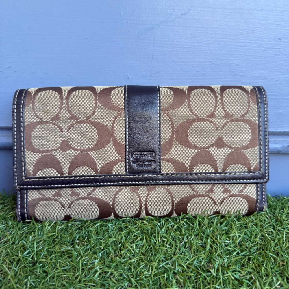 Coach Signature C Monogram Slim Envelope Wallet Brown Canvas Leather Trim Y2K